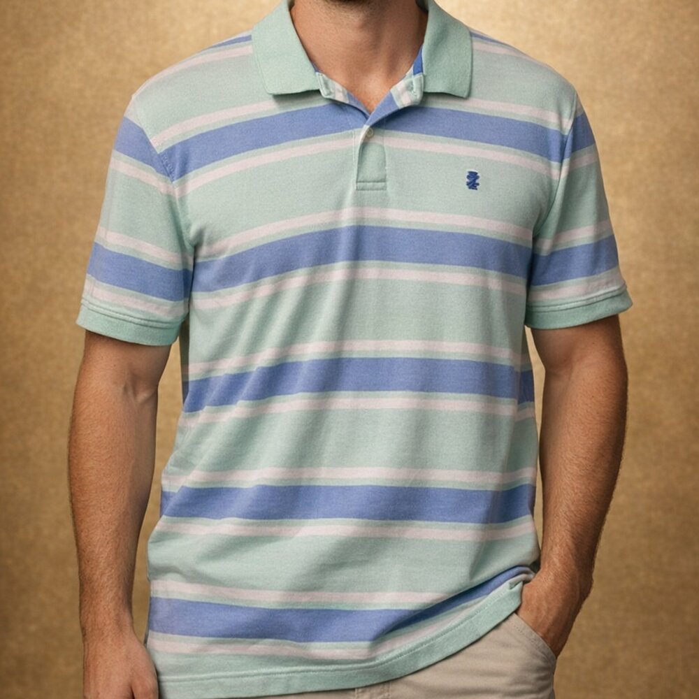IZOD Men’s XL Polo Shirt Green Blue Stripe Advantage Performance Pullover